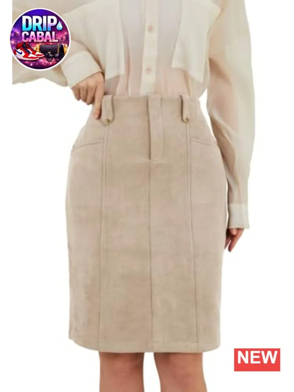Faux Suede High Waisted Knee Length Bodycon Skirt with Pockets and Back Slit